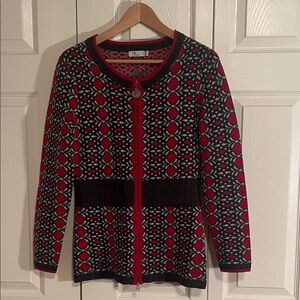 Neve Women's Black and Red Patterned 100% Wool Long Zip Front Cardigan